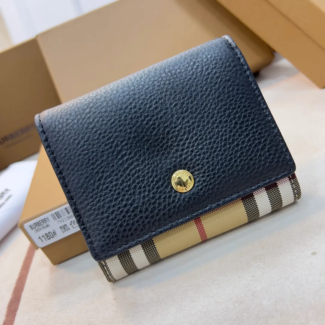 p170 [Burberry•Burberry] original product🇮🇹～～🎉 Vintage plaid eco-friendly canvas short clip, matched with imported soft calf leather👍Counter quality, fine workmanship💋Real shot📷,🆔🆔1180 black with apricot, brown with apricot Size: 11.5cm*9.5cm*3cm