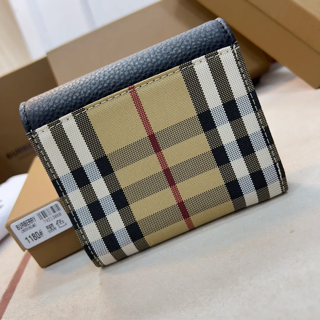 p170 [Burberry•Burberry] original product🇮🇹～～🎉 Vintage plaid eco-friendly canvas short clip, matched with imported soft calf leather👍Counter quality, fine workmanship💋Real shot📷,🆔🆔1180 black with apricot, brown with apricot Size: 11.5cm*9.5cm*3cm