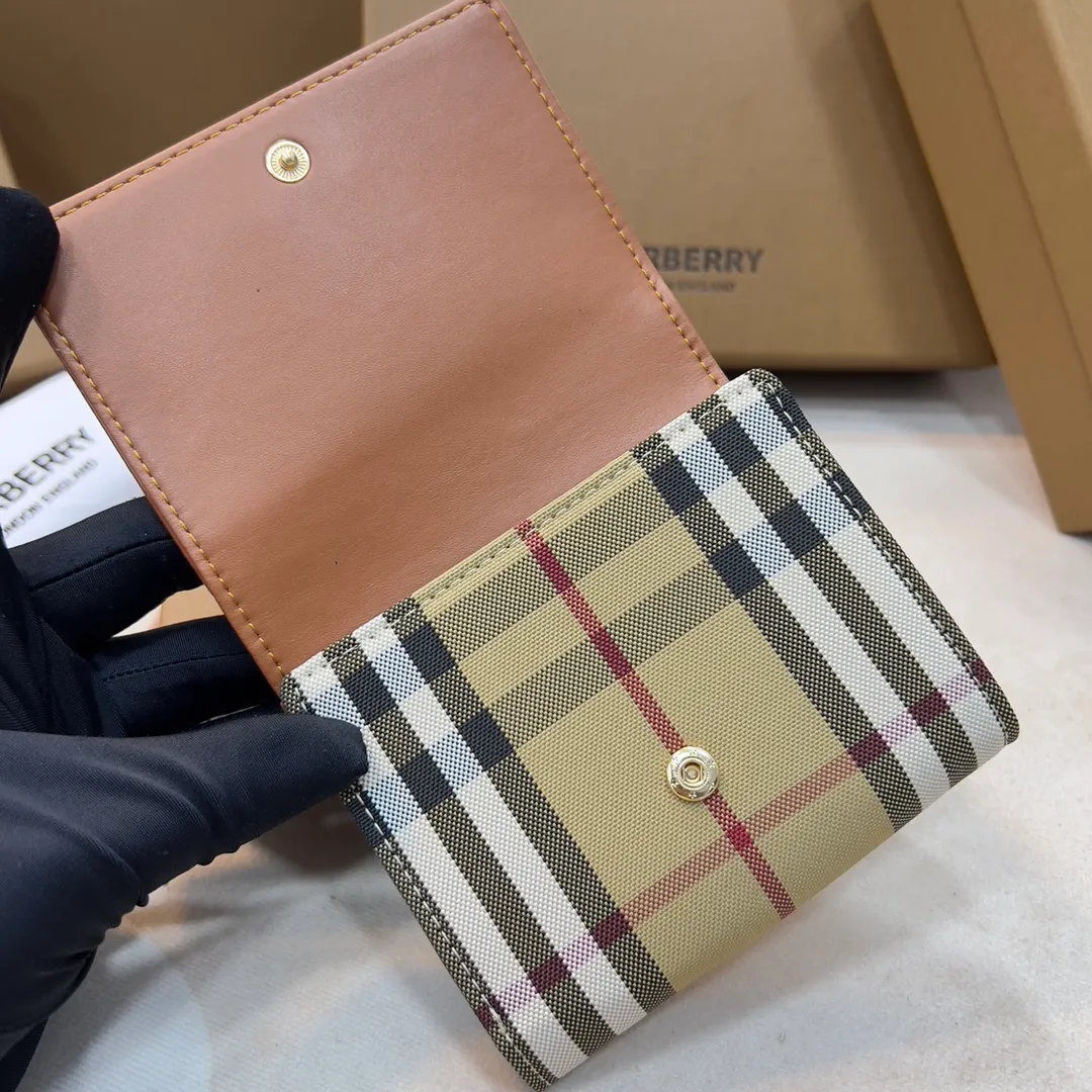 p170 [Burberry•Burberry] original product🇮🇹～～🎉 Vintage plaid eco-friendly canvas short clip, matched with imported soft calf leather👍Counter quality, fine workmanship💋Real shot📷,🆔🆔1180 black with apricot, brown with apricot Size: 11.5cm*9.5cm*3cm