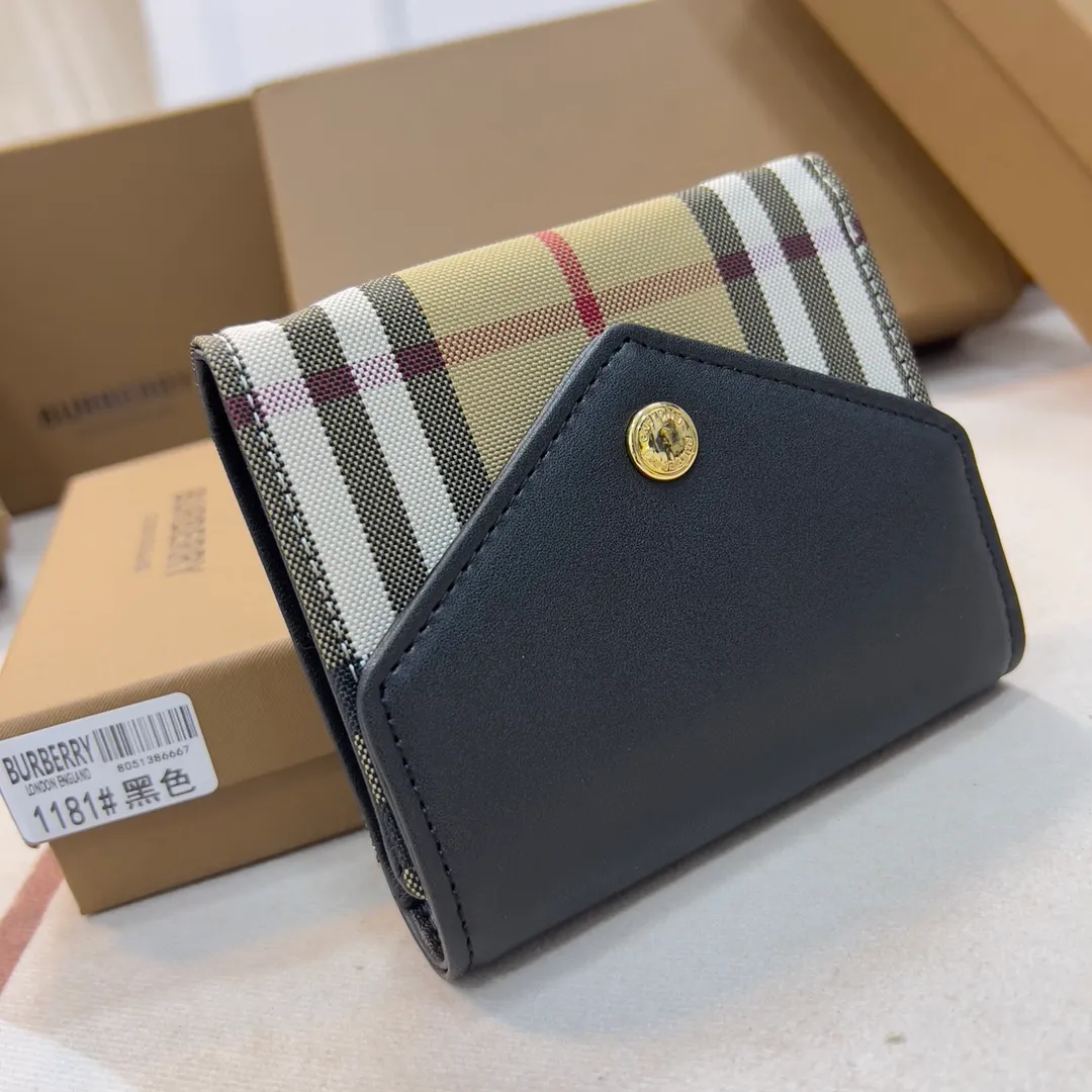 p170 [Burberry•Burberry] original product🇮🇹～～🎉 Vintage exquisite folding short clip, made of spliced ​​calfskin material👍Counter quality, fine workmanship💋Real shot📷,🆔🆔1186 brown, brown size: 8.5cm*4cm*9cm