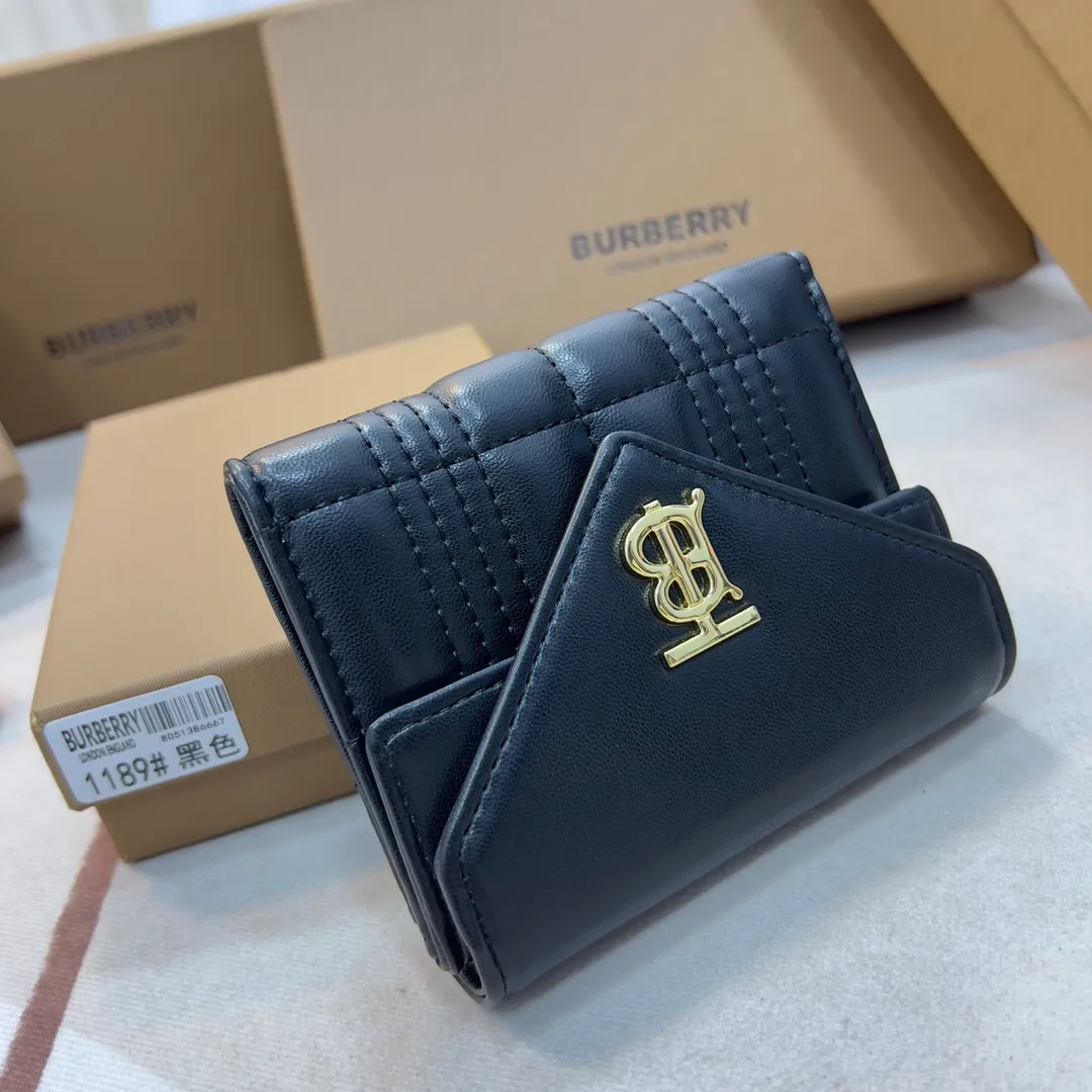 p170【Burberry·Burberry】Original product🇮🇹～～🎉 Vintage exquisite folding short clip, made of quilted lambskin material👍Counter quality, fine workmanship💋Real shot📷,🆔🆔1189 black, size: 8.5cm*4cm*9cm