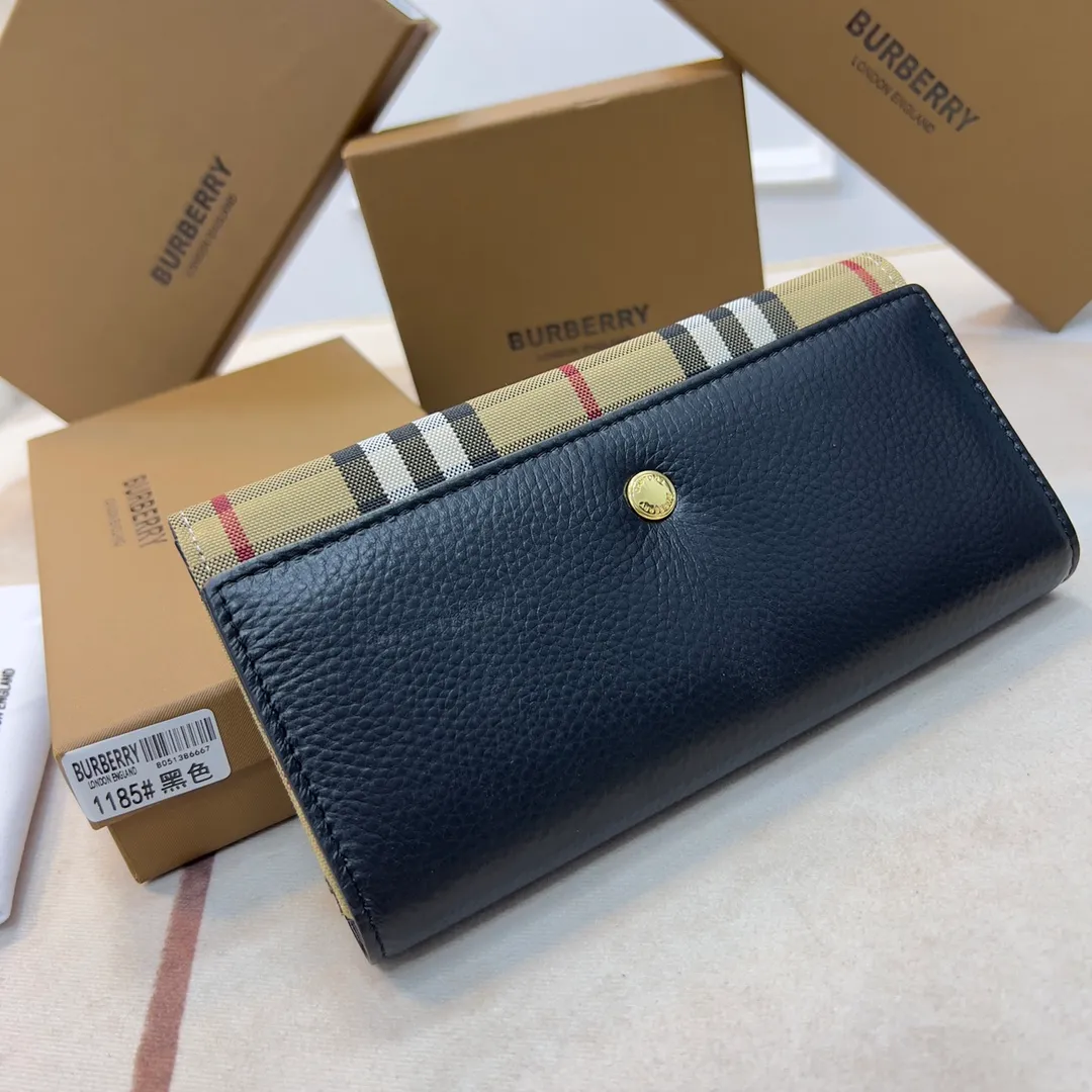 p190📯📯📯[Burberry•Burberry] original product🇮🇹~~🎉👉Slim long wallet, newly made of vintage vintage plaid and grained leather, with multiple card slots; the snap buckle is engraved with the new brand logo. , gold hardware accessories, 👍counter quality, fine workmanship 💋actual photo📷, 🆔🆔1185 black, brown size 19.5cm*3cm*10cm*.