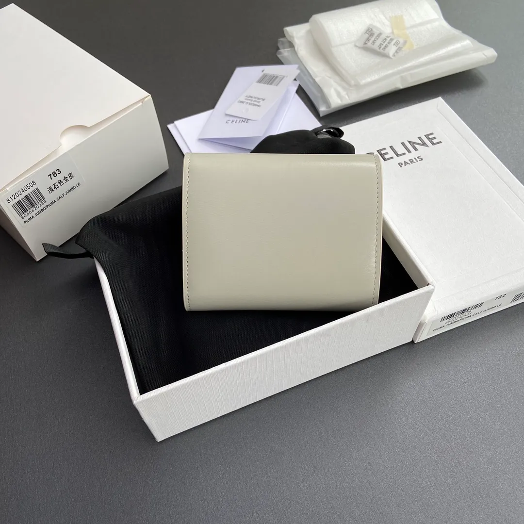 [Special grade pure steel hardware original leather] ¥700 TRIOMPHE bright cow leather wallet/2024 Xiaosai 5 card slots 1 folding coin bag with snap button 1 flat pocket 1 banknote bag No.: 10D782CQH.04LU783 783 light stone color full leather Size: w10.5×9×3cm.