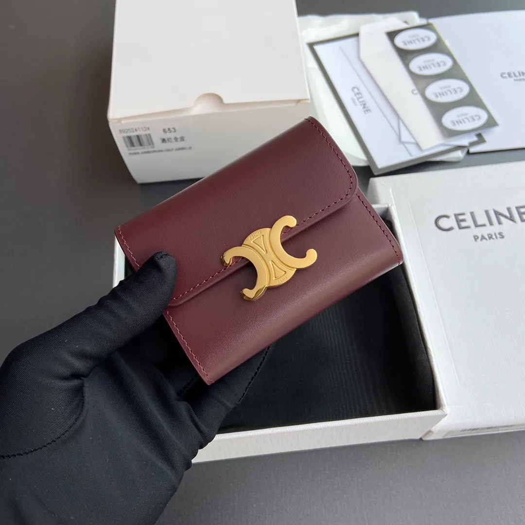 [Extra-grade pure steel hardware original leather] ¥680 TRIOMPHE glossy leather short wallet/2024 Xiaosai 4 card slots 2 patch pockets 1 cash compartment 1 detachable zipper card holder with snaps No.: 10l653DS3.04LU652 653 Burgundy full leather Size: w9.5×h7.5×3cm