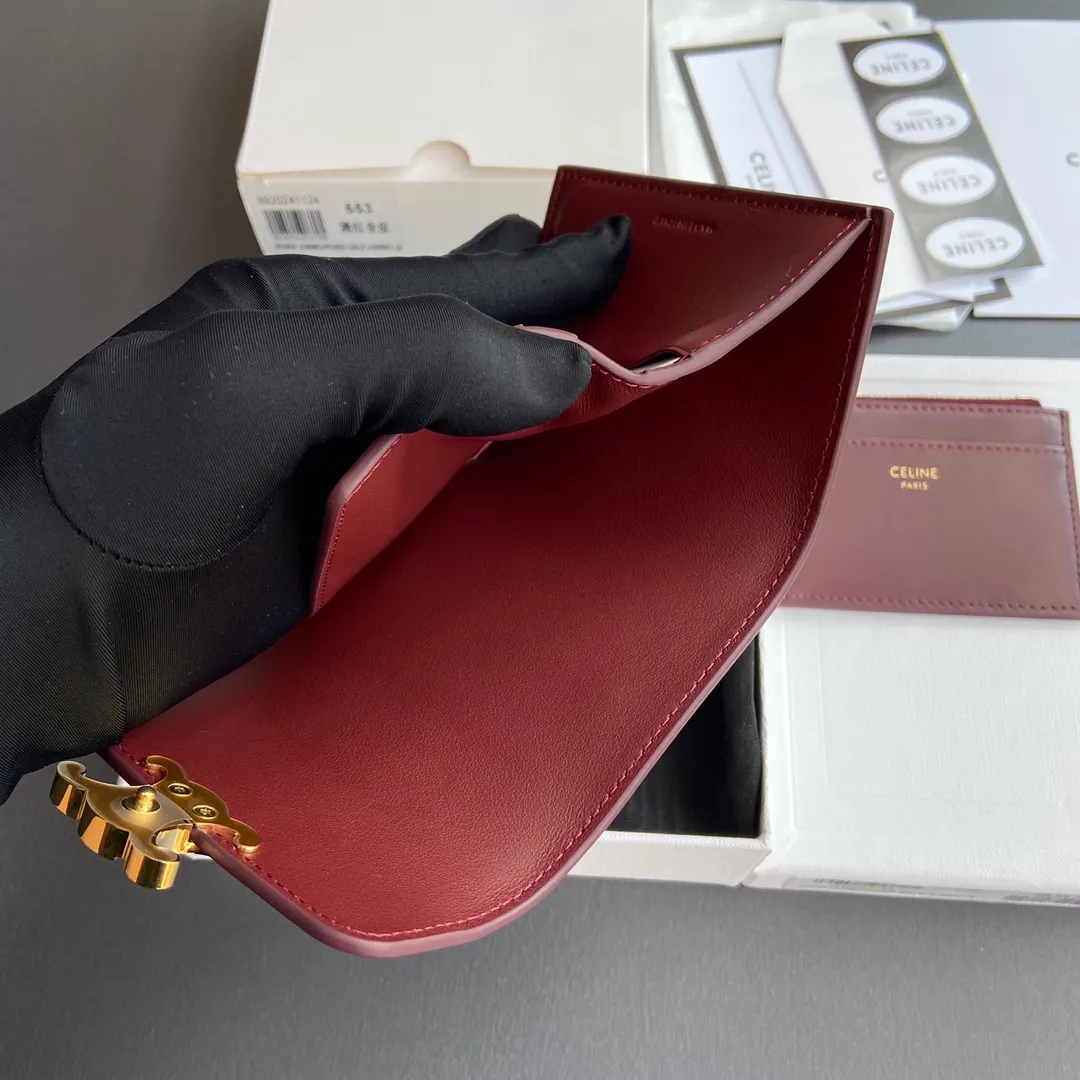 [Extra-grade pure steel hardware original leather] ¥680 TRIOMPHE glossy leather short wallet/2024 Xiaosai 4 card slots 2 patch pockets 1 cash compartment 1 detachable zipper card holder with snaps No.: 10l653DS3.04LU652 653 Burgundy full leather Size: w9.5×h7.5×3cm