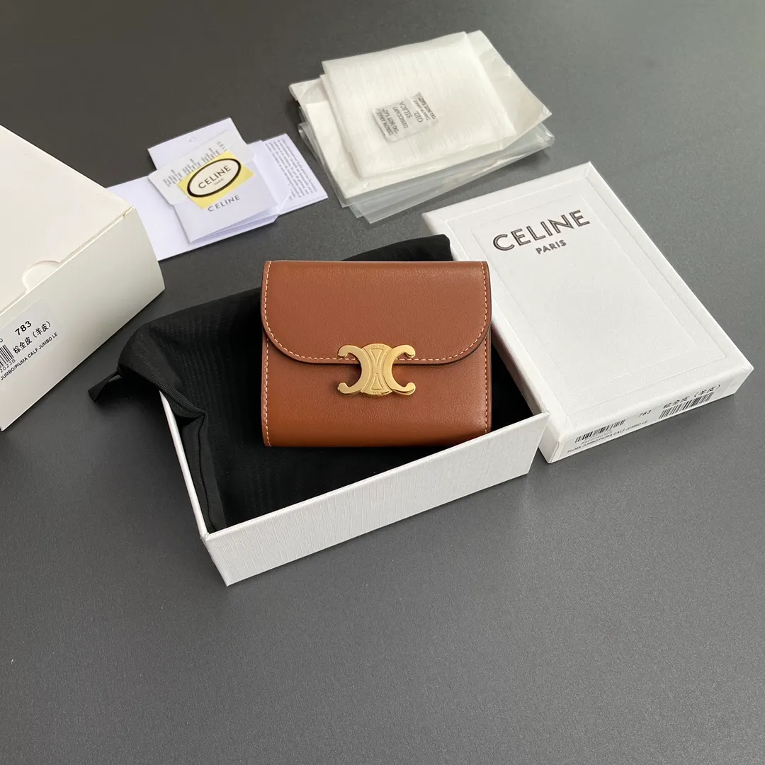 [Extra-grade pure steel hardware original leather] ¥700 TRIOMPHE glossy sheepskin wallet/2024 Xiaosai 5 card slots 1 folding coin bag with snap button 1 flat pocket 1 banknote bag No.: 10D782CQH.04LU783 783 brown full leather (sheepskin) Size: w10.5×9×3cm.