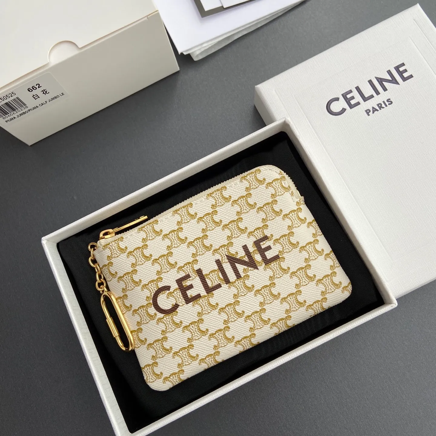 [Special grade imported original leather] ¥460 TRIOMPHE logo printing with hook buckle coin card holder Lining: fabric Gold metal parts Zipper lock 1 screw keychain Number: 10C 662 BTA.38NO663 662 White presbyopia Size: w13×h9.5cm
