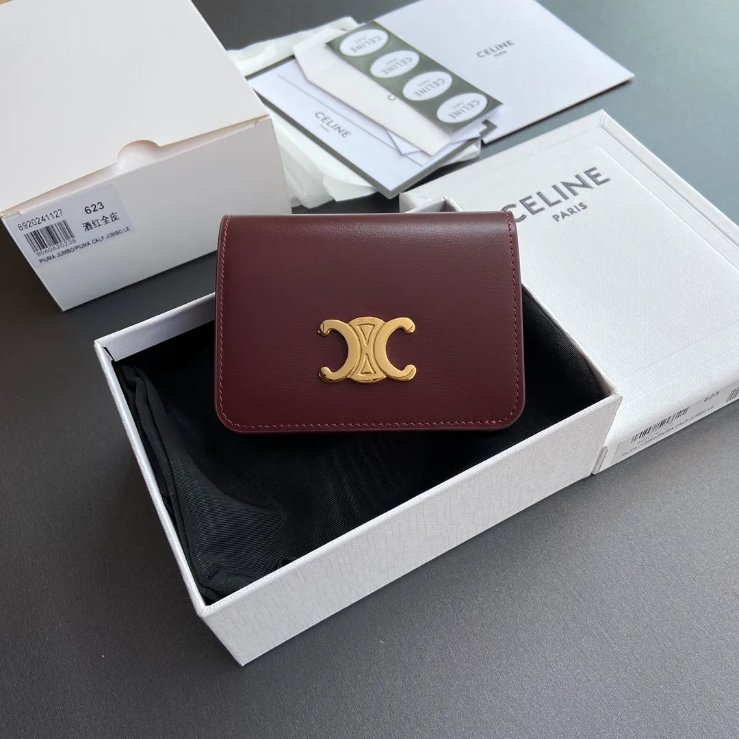 [Extra-grade pure steel hardware original leather] ¥640 TRIOMPHE glossy cow leather short wallet/2024 Xiaosai 5 card slots 1 zipper coin bag 1 flat pocket 1 banknote bag No.: 10K623DPV.38NO 622 623 Burgundy full leather Size: w11×9×3cm.