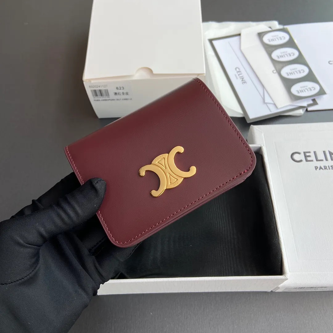 [Extra-grade pure steel hardware original leather] ¥640 TRIOMPHE glossy cow leather short wallet/2024 Xiaosai 5 card slots 1 zipper coin bag 1 flat pocket 1 banknote bag No.: 10K623DPV.38NO 622 623 Burgundy full leather Size: w11×9×3cm.