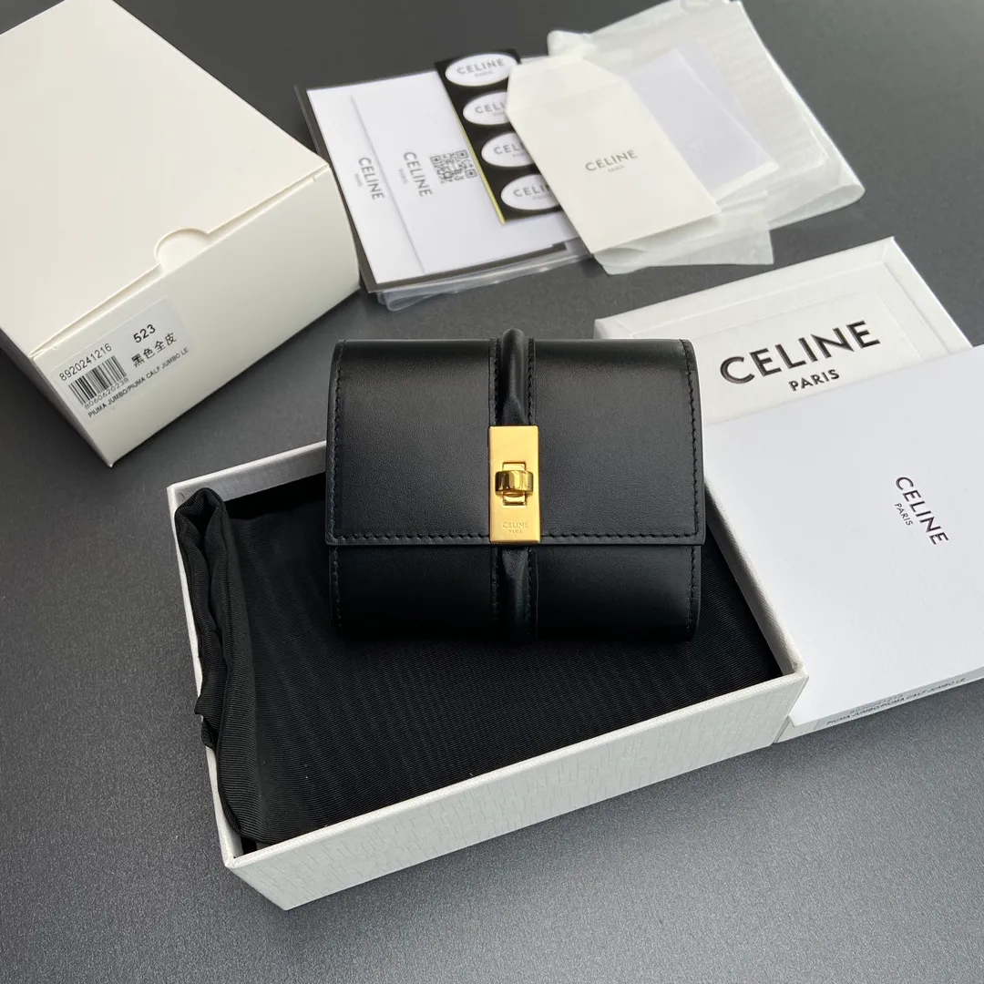 [Extra-grade pure steel hardware original leather] ¥800 TRIOMPHE glossy cow leather wallet cow leather cow leather lining rotating lock closure 5 card slots 1 folding coin bag with snap button 1 flat pocket 1 banknote bag No.: 10M523GCG.04LU 523 523 Black full leather Size: w10.5×9×3cm.