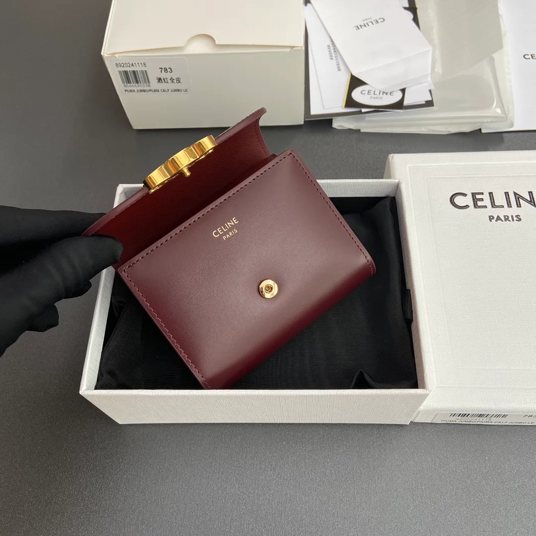 [Special grade pure steel hardware original leather] ¥700 TRIOMPHE glossy cow leather wallet/2024 Xiaosai 5 card slots 1 folding coin bag with snap button 1 flat pocket 1 banknote bag No.: 10D782CQH.04LU783 783 Burgundy full leather Size: w10.5×9×3cm.