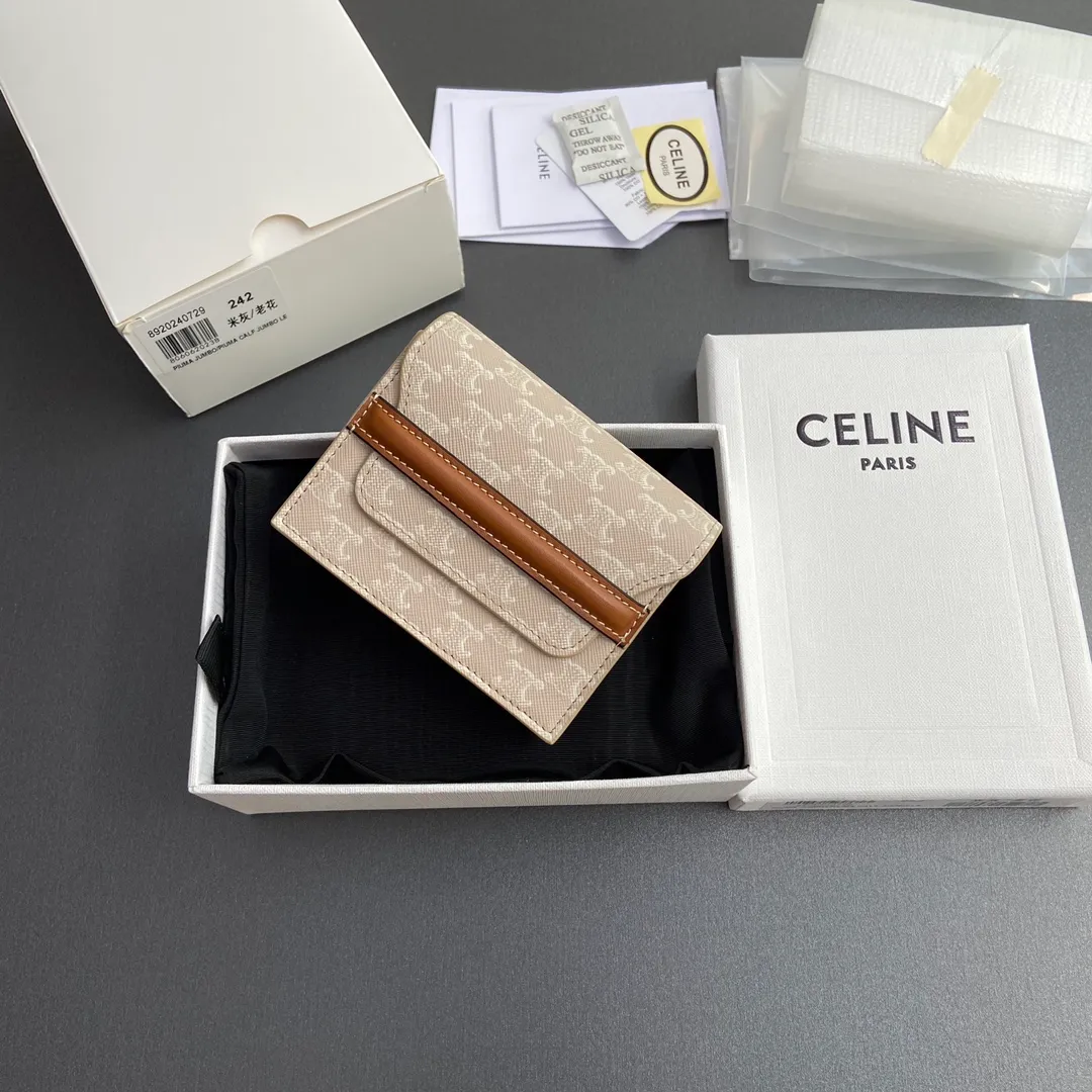 [Special grade imported original leather] ¥460 TRIOMPHE logo printed card holder, business card holder/2024 Xiaosai 2 card slots 2 gusseted compartments 2 flat pockets 1 banknote bag No.: 10E242BZ904.LU 242 meter gray/presbyopia Size: w10×8×3cm
