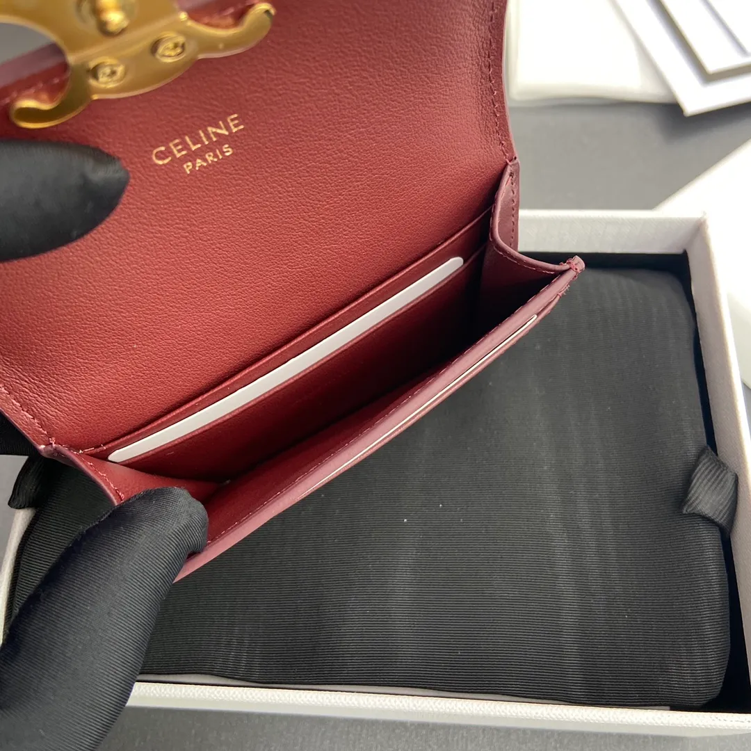 [Extra-grade pure steel hardware original leather] ¥560 TRIOMPHE glossy cow leather flip card holder/2024 Xiaosai Snap button closure 1 main compartment 2 inner card slots 1 inner flat pocket 1 outer flat pocket Number: 10I 582 CPJ.04LU 583 Burgundy full leather Size: w10×h7.5×d2cm