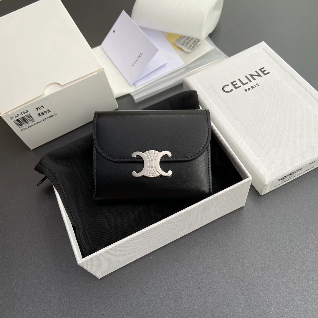 [Extra-grade pure steel hardware original leather] ¥700 TRIOMPHE glossy cow leather wallet/2024 Xiaosai 5 card slots 1 folding coin bag with snap buckle 1 flat pocket 1 banknote bag No.: 10D782CQH.04LU782 783 black silver full leather Size: w10.5×9×3cm.