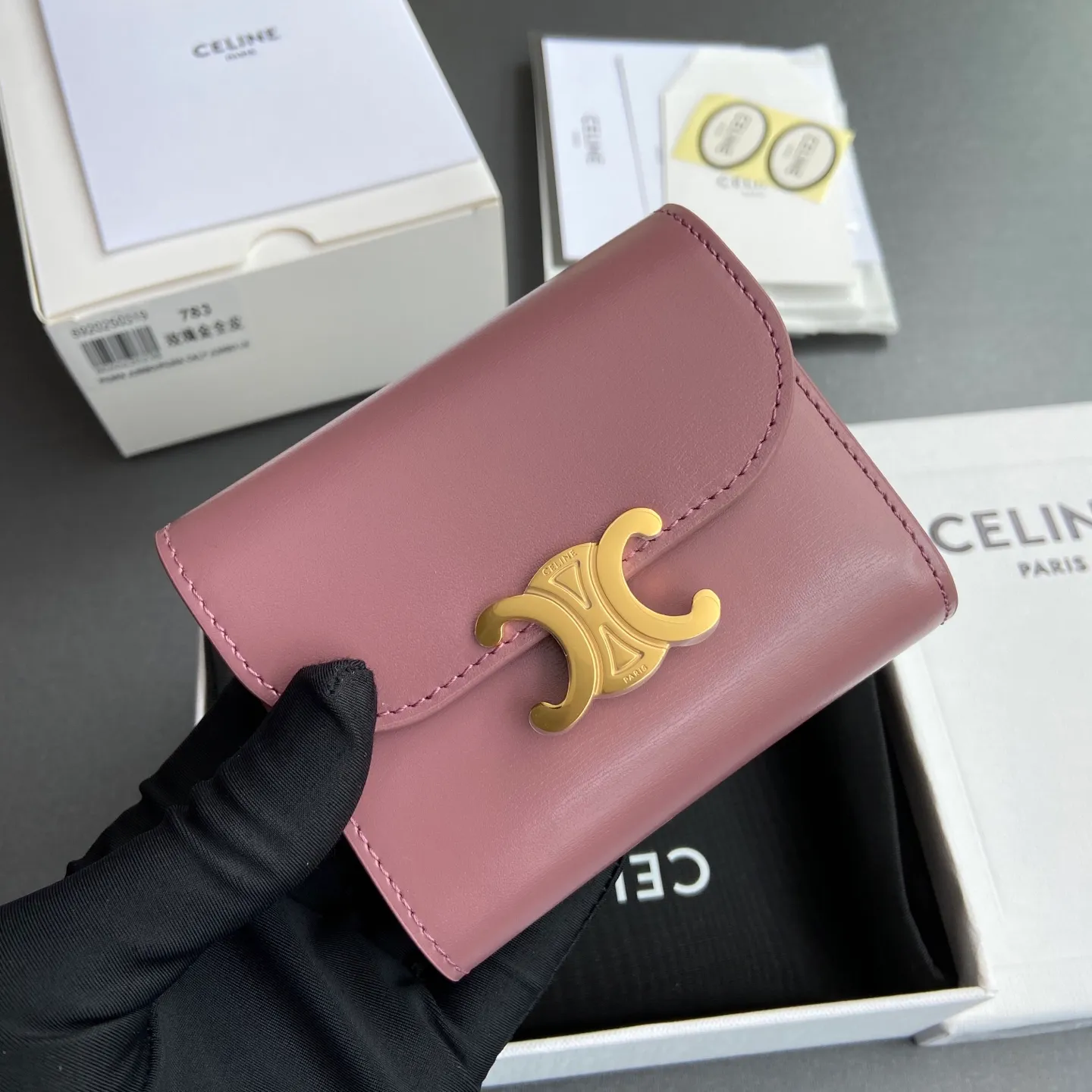[Extra-grade pure steel hardware original leather] ¥700 TRIOMPHE glossy cow leather wallet / 5 card slots 1 folding coin bag with snap buckle 1 flat pocket 1 banknote bag No.: 10D782CQH.04LU782 783 Rose gold full leather Size: w10.5×9×3cm.