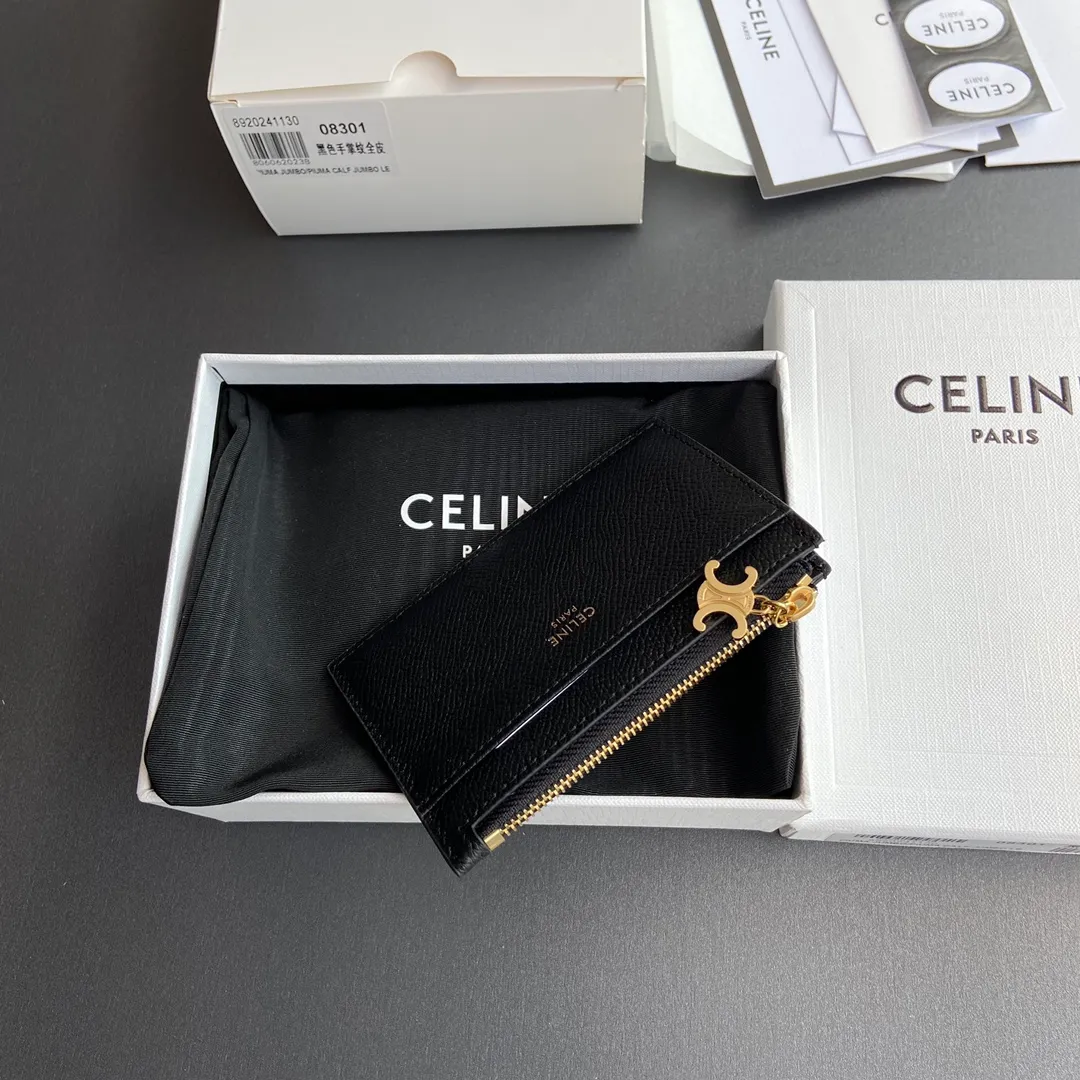 [Extra-grade pure steel hardware original leather] ¥500 Palm print cow leather zipper card holder/2024 Xiaosai cow leather Cow leather lining Gold finish TRIOMPHE functional pendant 1 zipper compartment 3 credit card slots 1 outer flat pocket Number: 10M083FRJ.38NO 083 08301 Black palm print full leather Size: w11×7.5cm