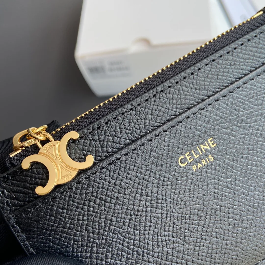 [Extra-grade pure steel hardware original leather] ¥500 Palm print cow leather zipper card holder/2024 Xiaosai cow leather Cow leather lining Gold finish TRIOMPHE functional pendant 1 zipper compartment 3 credit card slots 1 outer flat pocket Number: 10M083FRJ.38NO 083 08301 Black palm print full leather Size: w11×7.5cm