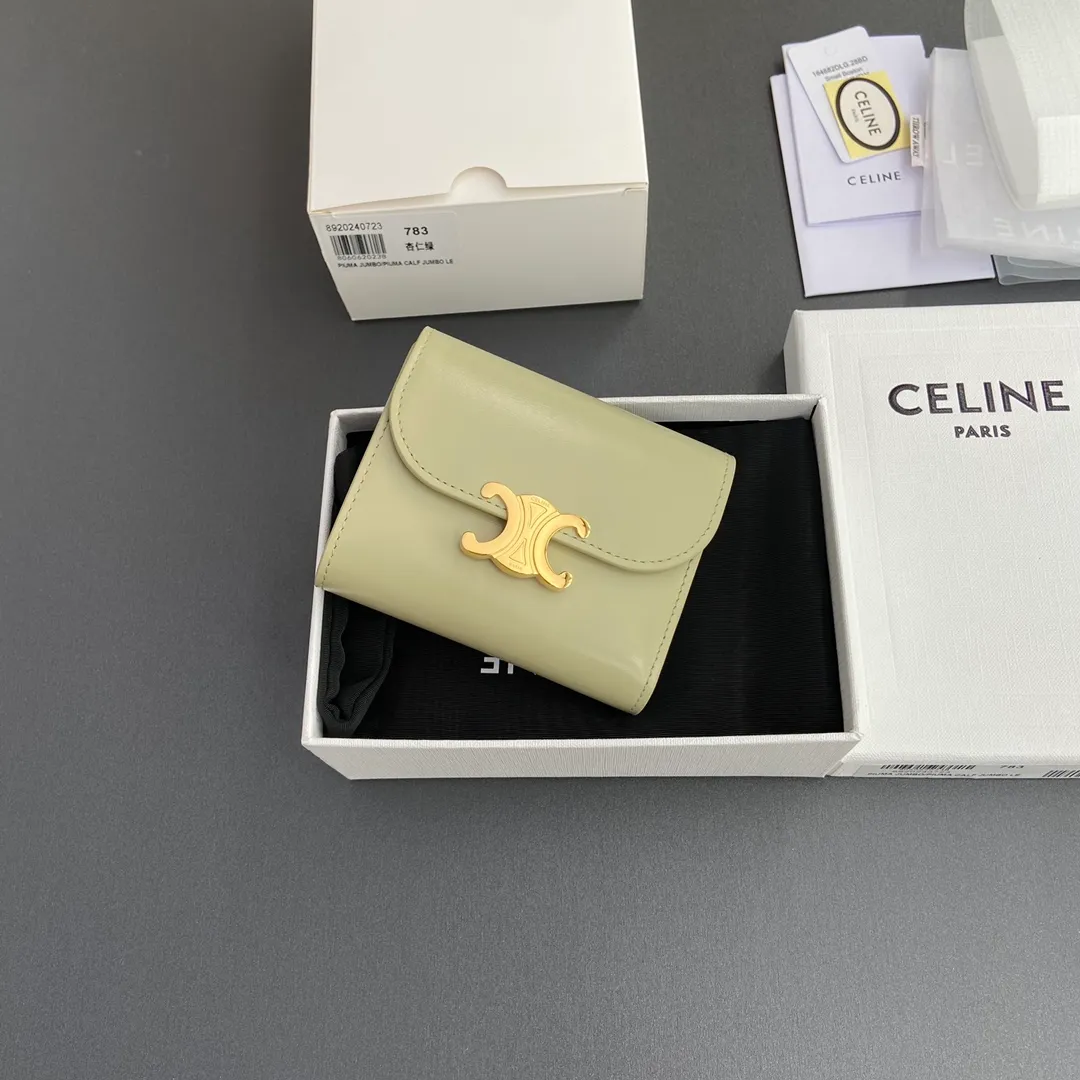 [Special grade pure steel hardware original leather] ¥700 TRIOMPHE bright cow leather wallet/2024 Xiaosai 5 card slots 1 folding coin bag with snap button 1 flat pocket 1 banknote bag No.: 10D782CQH.04LU783 783 almond green full leather Size: w10.5×9×3cm.