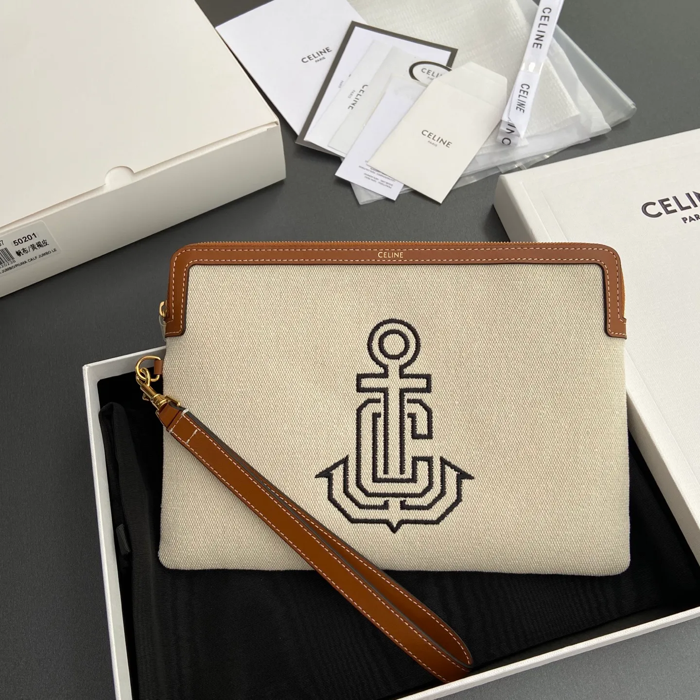 [Special grade pure steel hardware original leather] ¥740 TRIOMPHE iconic printed clutch bag/No.: 10J502FES.04LU 502 50201 canvas/tan leather Size: w25×h17.5×d1cm