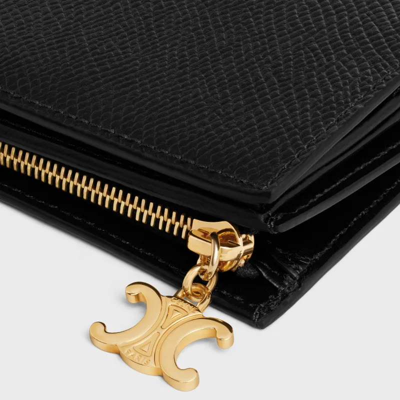[Special grade pure steel hardware original leather] ¥620 TRIOMPHE pendant grained cow leather short wallet No.: 10M 103 FVO.38NO 102 10301 Black palm pattern full leather Size: W9×H10.5×D2cm