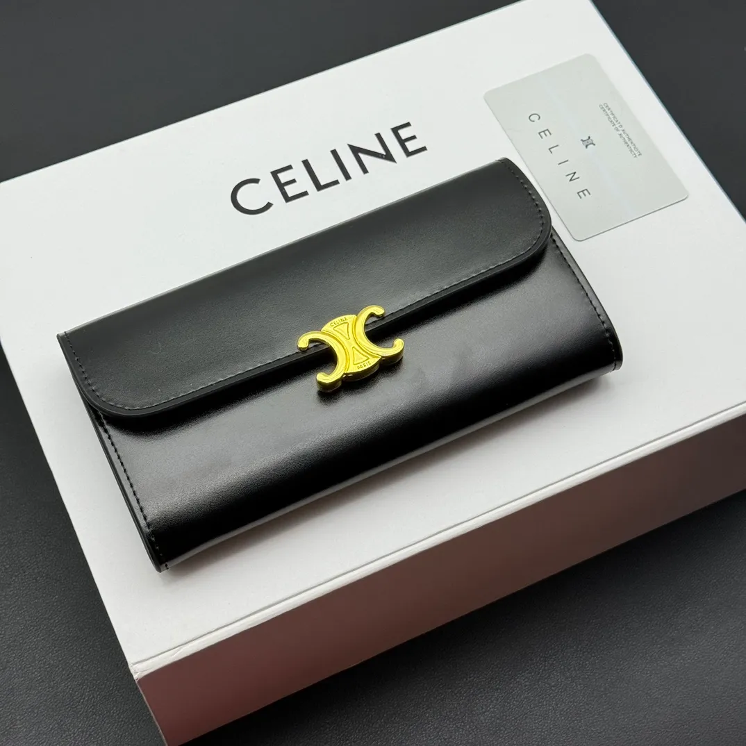 💰210 💎Upgraded original version💖 With top layer leather 𝗖𝗘𝗟𝗜𝗡𝗘 | 𝗧𝗥𝗜𝗢𝗠𝗣𝗛𝗘 Celine Arc de Triomphe Wallet💖 TRIOMPHE metallic snap button, 1 zipper pocket, 2 gusset partitions, 1 flat pocket, 12 card slots. Style number: C10E313 Size: 19X10