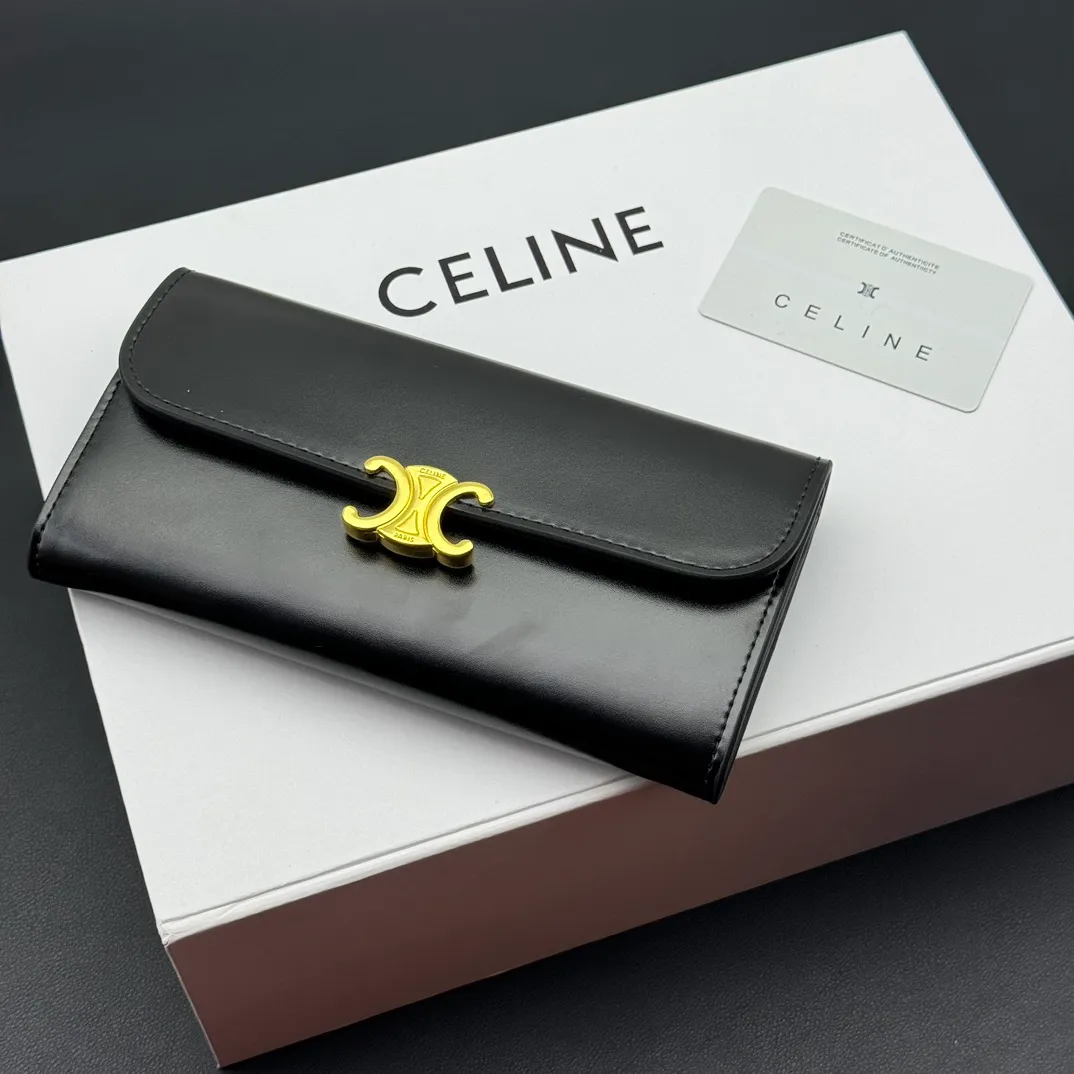 💰210 💎Upgraded original version💖 With top layer leather 𝗖𝗘𝗟𝗜𝗡𝗘 | 𝗧𝗥𝗜𝗢𝗠𝗣𝗛𝗘 Celine Arc de Triomphe Wallet💖 TRIOMPHE metallic snap button, 1 zipper pocket, 2 gusset partitions, 1 flat pocket, 12 card slots. Style number: C10E313 Size: 19X10