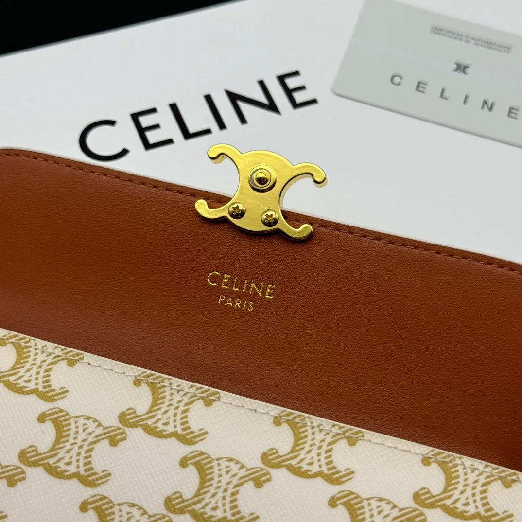 💰210 💎Upgraded original version💖 With top layer leather 𝗖𝗘𝗟𝗜𝗡𝗘 | 𝗧𝗥𝗜𝗢𝗠𝗣𝗛𝗘 Celine Arc de Triomphe Wallet💖 TRIOMPHE metallic snap button, 1 zipper pocket, 2 gusset partitions, 1 flat pocket, 12 card slots. Style number: C10E313 Size: 19X10