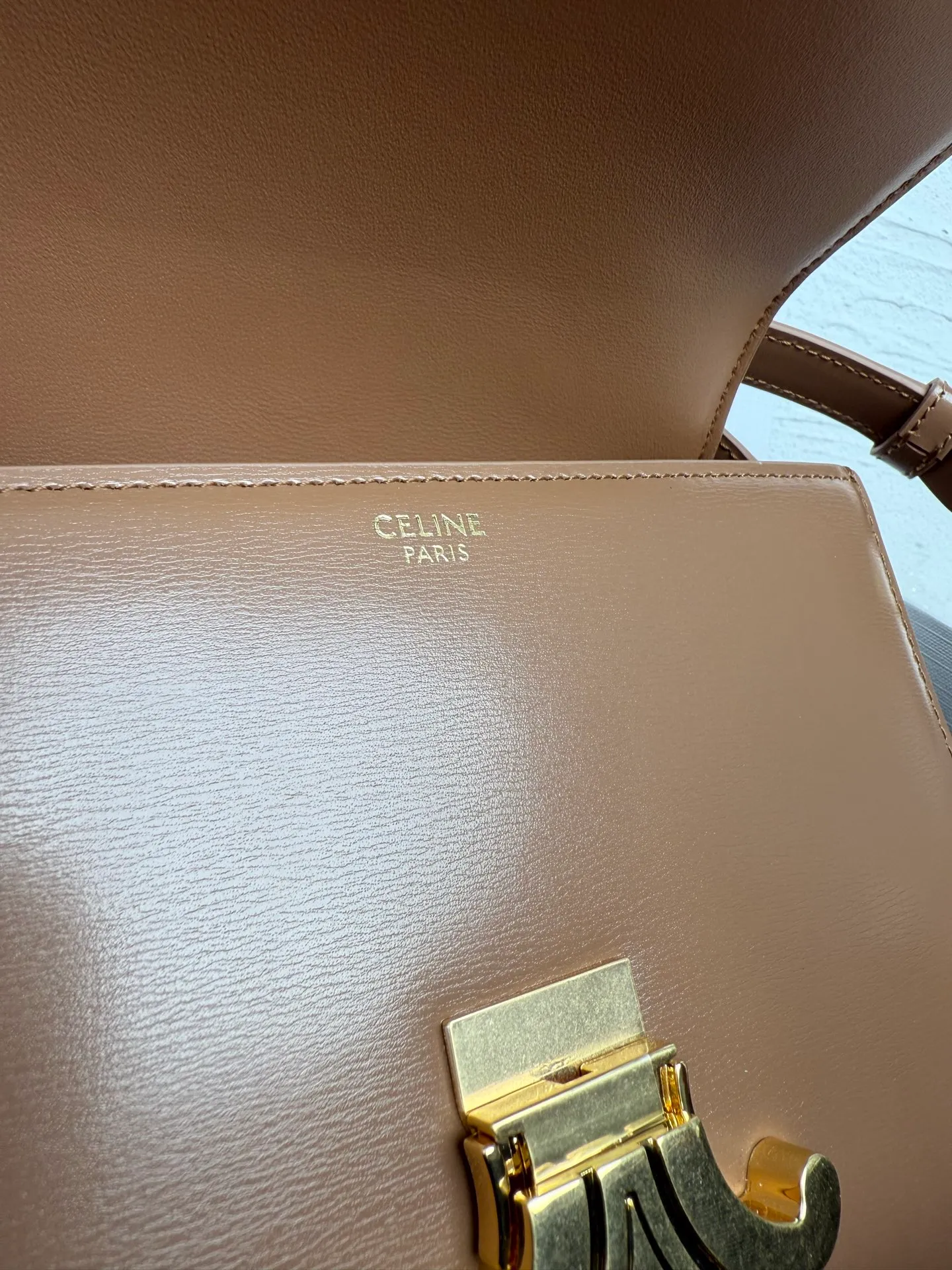 p1560. TEEN TRIOMPHE calfskin handbag This small TRIOMPHE handbag in satin calfskin comes with an adjustable leather shoulder strap and TRIOMPHE exclusive buckle TRIOMPHE brass lock interior zip pocket and interior flat pocket Adjustable leather shoulder strap Length 17 inches (42 cm) 7 X 6 X 2 inches (18.5 X 14 X 6 cm) No.: 188423