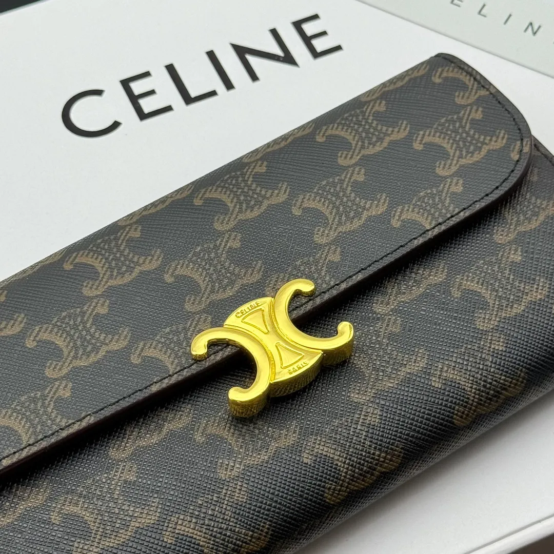 💰210 💎Upgraded original version💖 With top layer leather 𝗖𝗘𝗟𝗜𝗡𝗘 | 𝗧𝗥𝗜𝗢𝗠𝗣𝗛𝗘 Celine Arc de Triomphe Wallet💖 TRIOMPHE metallic snap button, 1 zipper pocket, 2 gusset partitions, 1 flat pocket, 12 card slots. Style number: C10E313 Size: 19X10