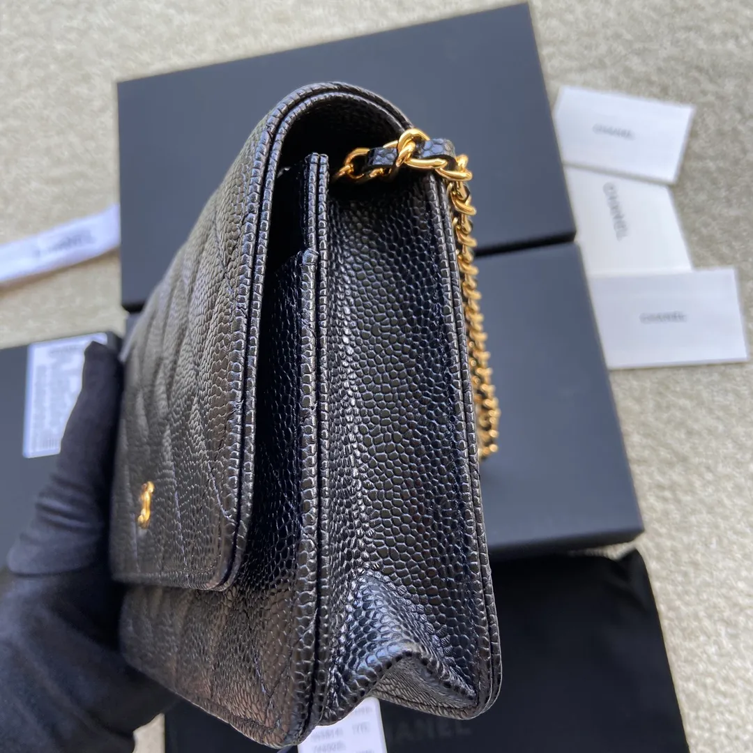 Snap button 600💰Xiaoxiang imported Italian lambskin Item number: A33814 Size: w20×h13×d3.5cm Color: black ball pattern gold steel mark