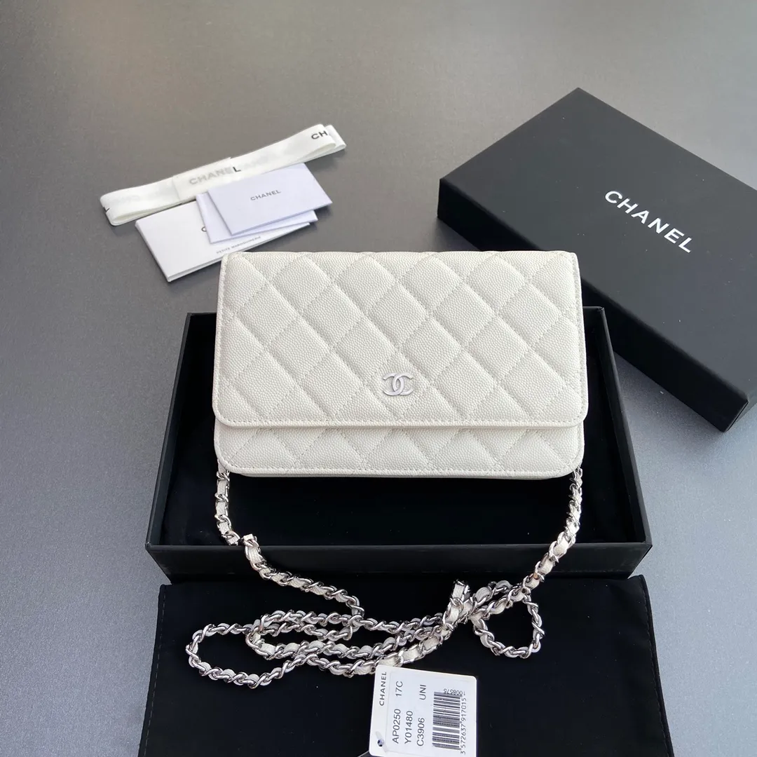 Xiaoxiang imported Italian grained calfskin Item No.: A0250 💰: 640 Size: w20×h13×d3.5cm Color: White fine ball pattern silver steel mark