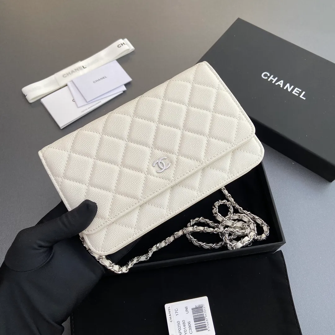 Xiaoxiang imported Italian grained calfskin Item No.: A0250 💰: 640 Size: w20×h13×d3.5cm Color: White fine ball pattern silver steel mark