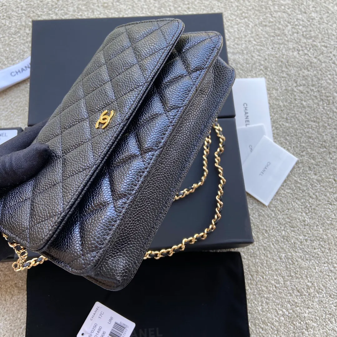 Xiaoxiang imported Italian grained calfskin Item number: A0250 💰: 640 Size: w20×h13×d3.5cm Color: black patterned gold steel mark