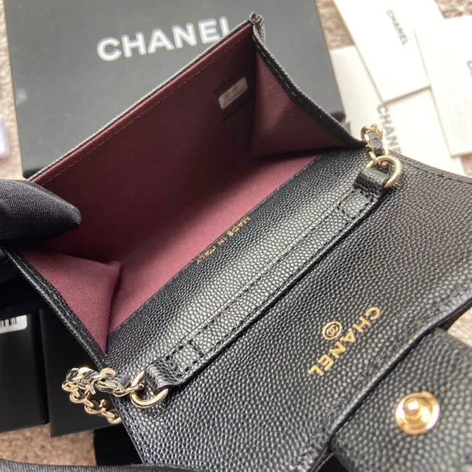 Xiaoxiang imported Italian leather Item number: AP3966 /A81081 chain small card holder) 💰: 420 Size: w11×h7cm Color: black fine ball pattern gold steel mark hardware