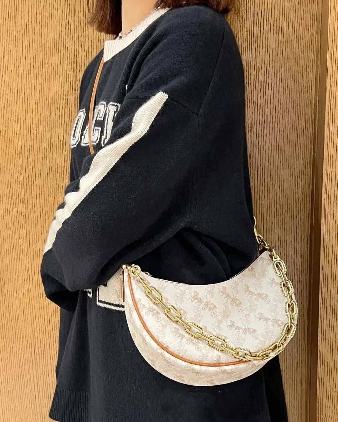 CM584 Kou's new mira crescent bag has a proper temperament on the upper body. It uses a retro brushed brass chain ~ full of texture. The two shoulder straps can be worn cross-body under the arm. You can switch between the two styles at will. Size:23.5*16*6.5cm