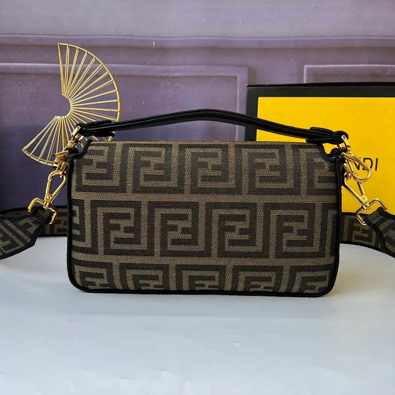 All Categories Official Website "Brand Women's Bags" Women's Bags 💙 FENDI The latest FendiVersace co-branded model, the iconic Baguette medium handbag adopts a clamshell design and is equipped with FF magnetic buckle closure. Lined interior with zip pocket. Comes with a detachable handle or shoulder strap for cross-body or hand carry. Decorated with tonal FF logo embroidery. Contrasting brown leather trim