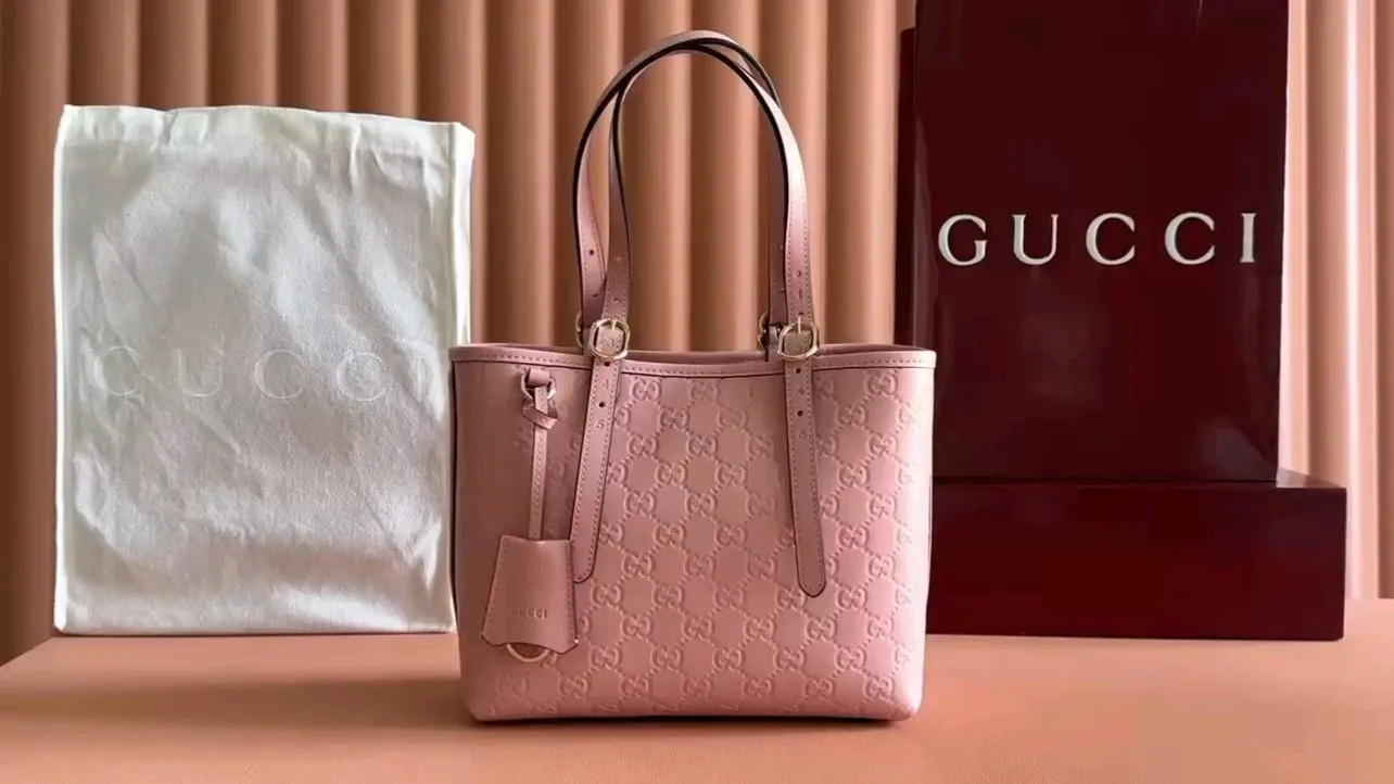 💋💋💋【New】GG Emblem series medium tote bag, pink embossed/original leather shipped, 🐲Model: 847456, short video