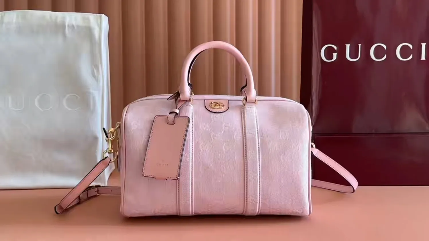 💋💋💋【Original configuration counter complete package】🔥GG Ophidia series pillow bag model: 857595. Color: Pink/Canvas.