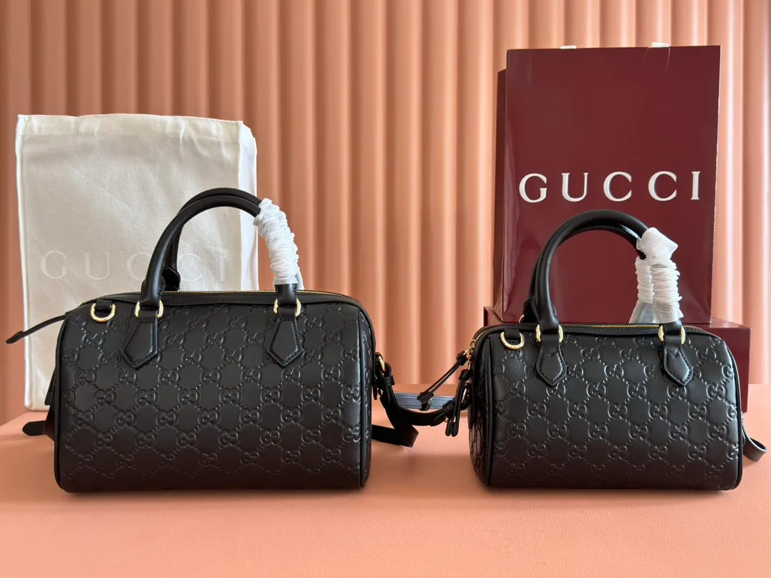 💋💋💋【New】GG Emblem series small, medium Boston bag, black embossed/original leather shipped, 🐍Model: 848889, 848886, short combination video