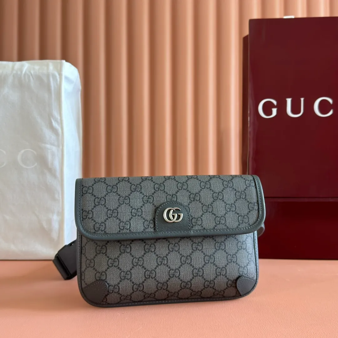 p640. 📣📣📣【Original leather accessories🌈 Equipped with full counter packaging】🔥🔥 Ophidia series GG small waist bag. The Ophidia series combines the traditional essence of Gucci with modern design to present dazzling new works with ingenuity. This men's belt bag cleverly combines Double G hardware and GG Supreme canvas, a new interpretation of the classic material in gray and black. The waist strap is adjustable to create a variety of carrying options. Gray and black GG Supreme canvas, gray leather trim, palladium tone hardware, cotton and linen lining Double G, belt length adjustable from 52 to 81 cm, flap with magnetic snap closure, weight: approx. 0.37 kg. Model: 752597. Dimensions: 23.9 (W) x 17 (H) x 3.6cm (D) Color: Gray/PVC. Made in Italy