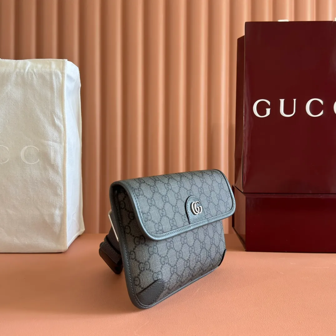 p640. 📣📣📣【Original leather accessories🌈 Equipped with full counter packaging】🔥🔥 Ophidia series GG small waist bag. The Ophidia series combines the traditional essence of Gucci with modern design to present dazzling new works with ingenuity. This men's belt bag cleverly combines Double G hardware and GG Supreme canvas, a new interpretation of the classic material in gray and black. The waist strap is adjustable to create a variety of carrying options. Gray and black GG Supreme canvas, gray leather trim, palladium tone hardware, cotton and linen lining Double G, belt length adjustable from 52 to 81 cm, flap with magnetic snap closure, weight: approx. 0.37 kg. Model: 752597. Dimensions: 23.9 (W) x 17 (H) x 3.6cm (D) Color: Gray/PVC. Made in Italy