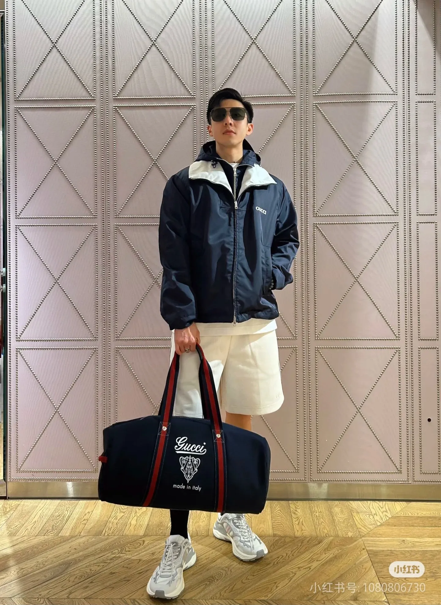 💋💋💋New GG series large printed canvas travel bag, off-white, dark blue/original leather shipped! 🐴54cm model: 816866. Combination short video