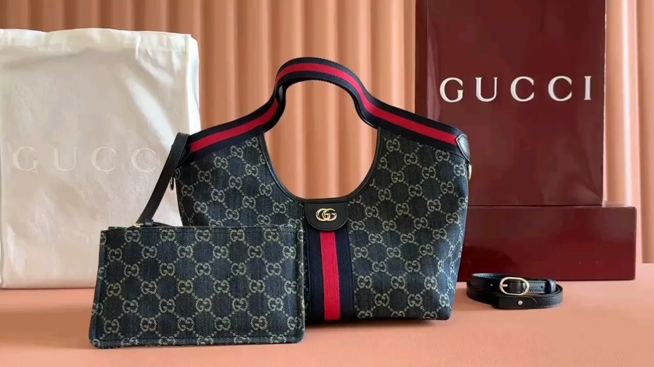 💋💋💋【New Style】Gucci Giglio series small tote bag, apricot brown, blue denim/blue leather/original leather is shipped, model: 860845, short combination video