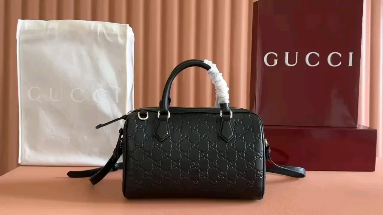 💋💋💋【New】GG Emblem series small, medium Boston bag, black embossed/original leather shipped, 🐍Model: 848889, 848886, short combination video