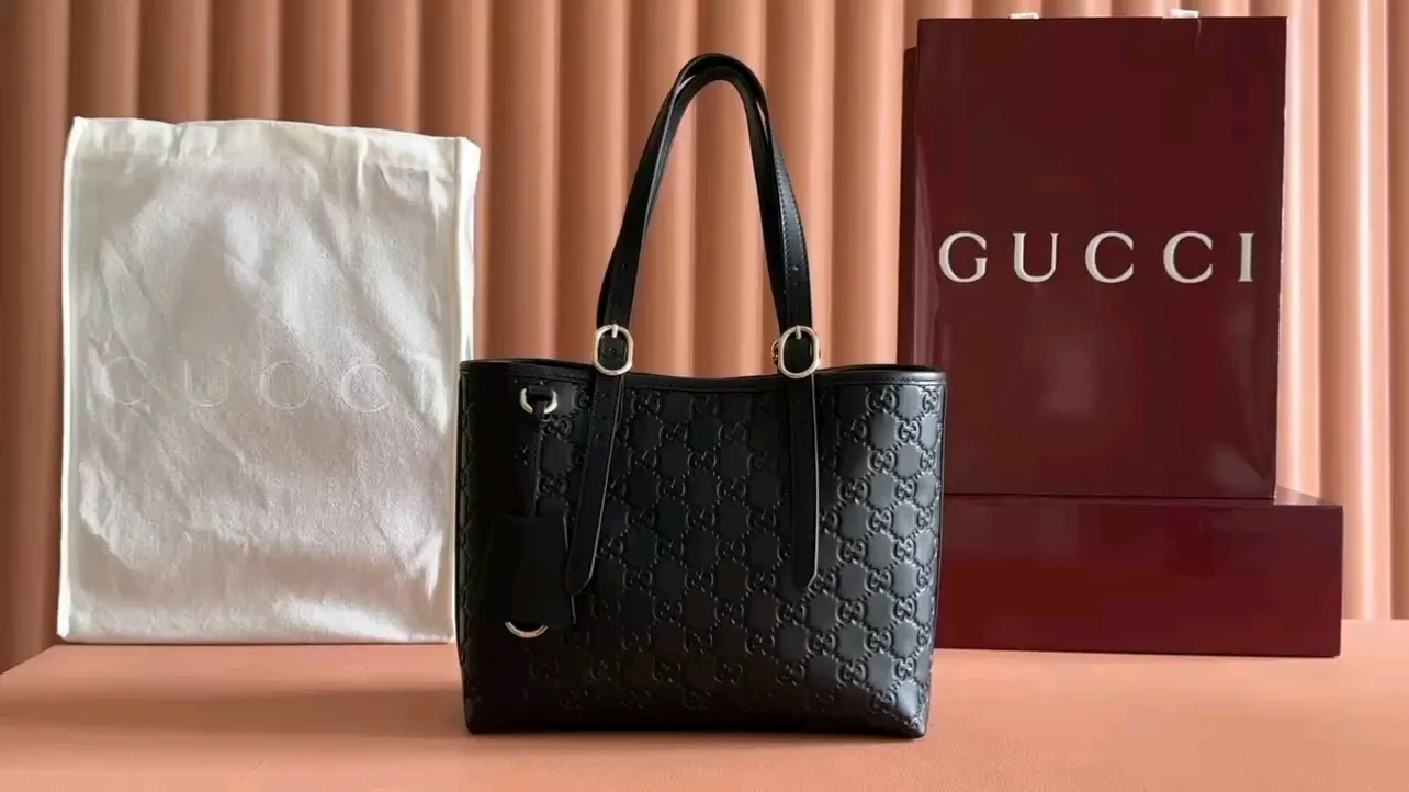 💋💋💋【New】GG Emblem series large tote bag, black embossed/original leather shipped, 🐲Model: 847455, short video