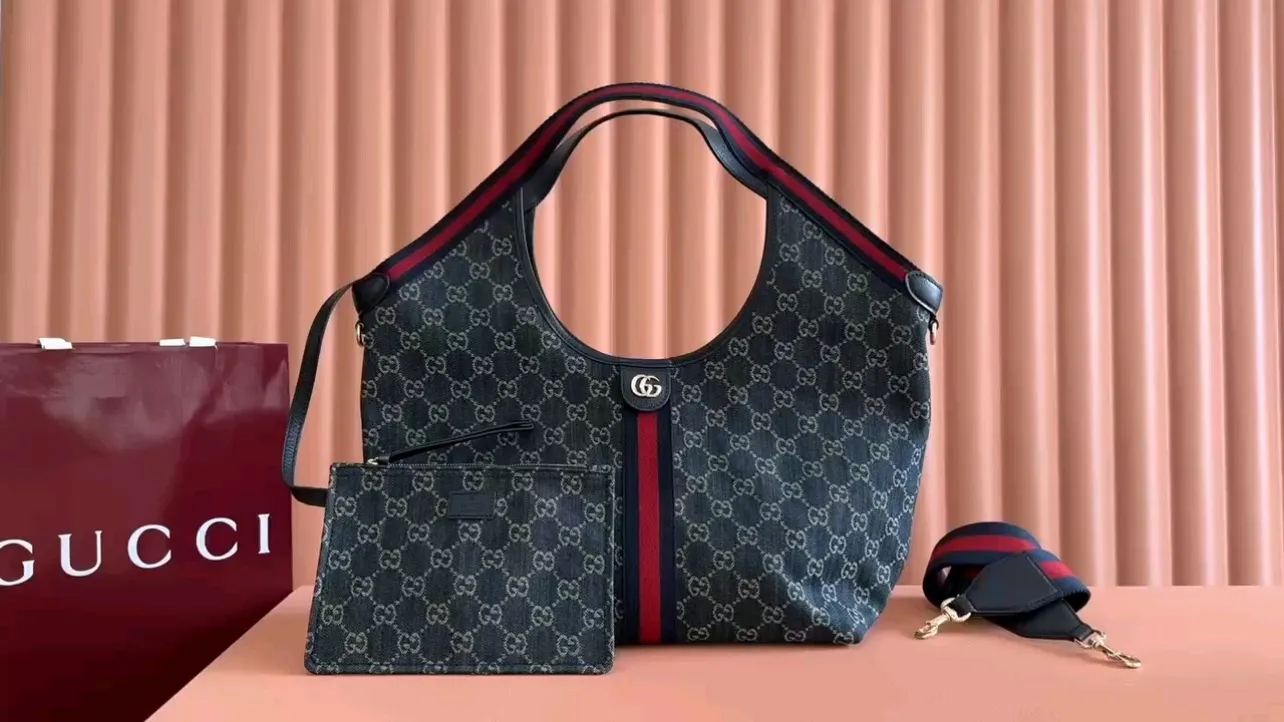 💋💋💋【New】Gucci Giglio series small tote bag, apricot brown, blue denim/blue leather/original leather is shipped, model: 853972, short combination video