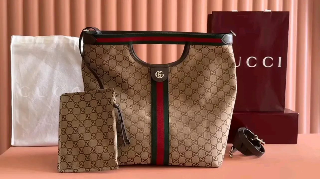 💋💋💋【New Style】Gucci Giglio series small tote bag, apricot brown, blue denim/blue leather/original leather is shipped, model: 865452, short combination video