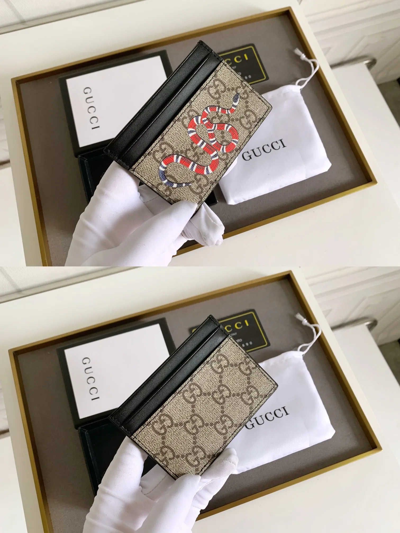 💰90 💎(Snake pattern) Top original quality, GUCCI classic popular printed card holder, exclusive background, real shot. The card holder is made of GG Supreme high-grade man-made canvas with exquisite patterns💯! Style number: 451277 Size: 10x7.5cm