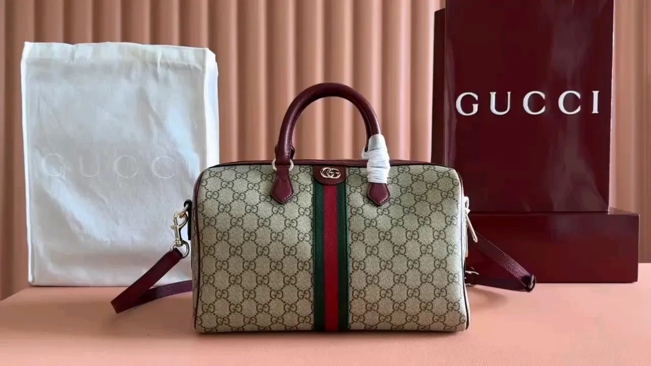 💋💋💋【New】GG Ophidia series small Boston bag, brown brown, brown ancola red/original leather has been shipped, 🐴Model: 841294, 836824, 836825 combination short video