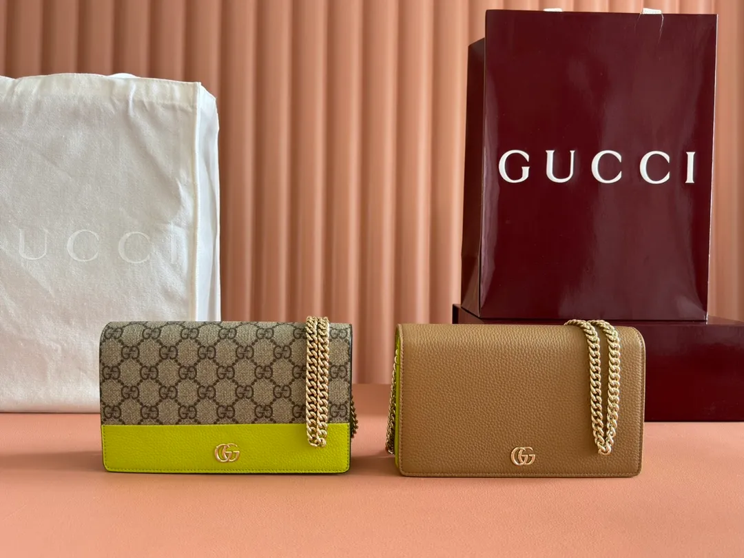 💋💋💋New GG Marmont👉 series chain bag, brown gum bright green, beige bright green/original leather shipped. 🐴20cm model: 497985. Combination short video